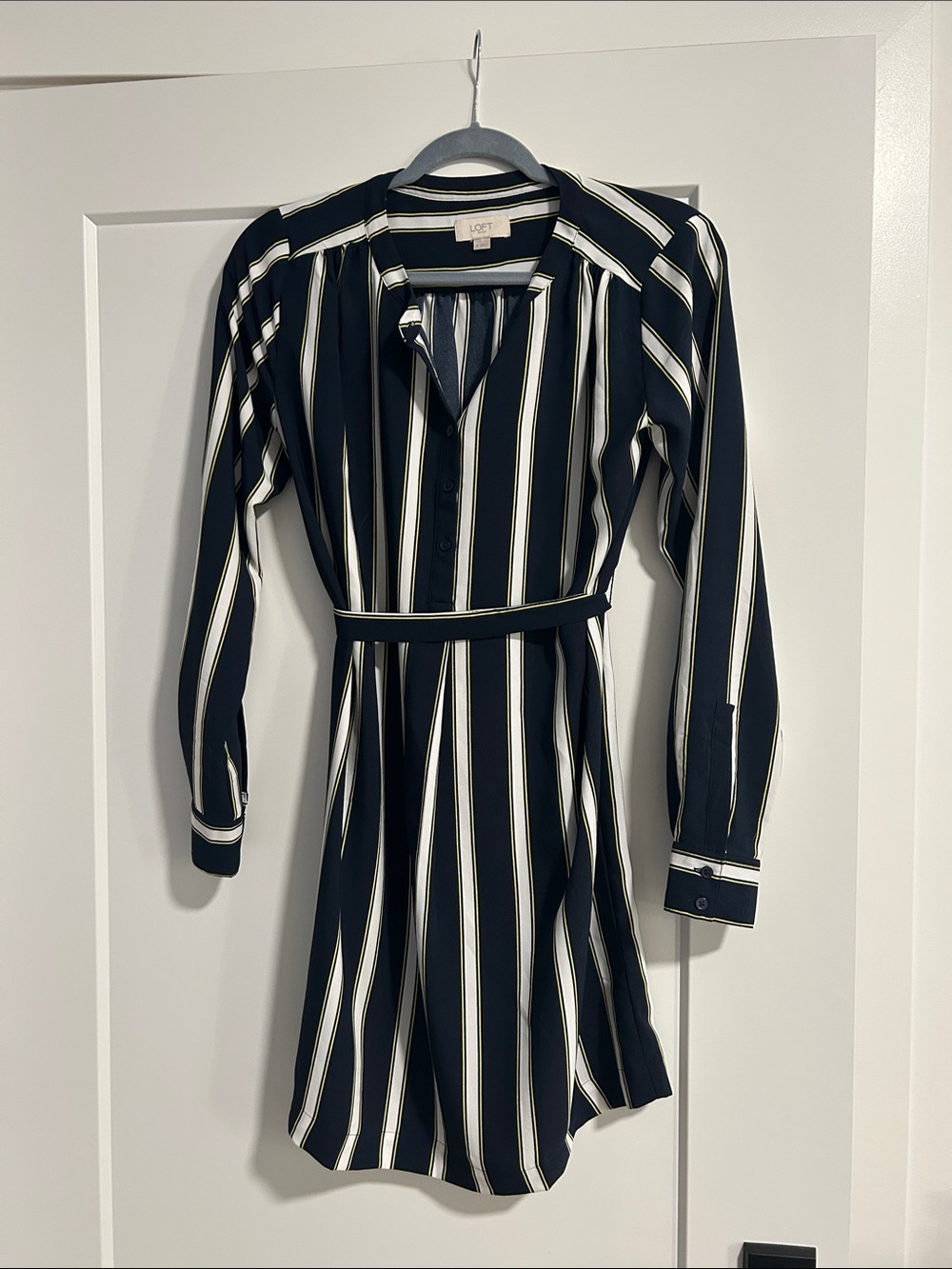 LOFT Navy and White Vertical-Stripe Long Sleeve Shirt Dress